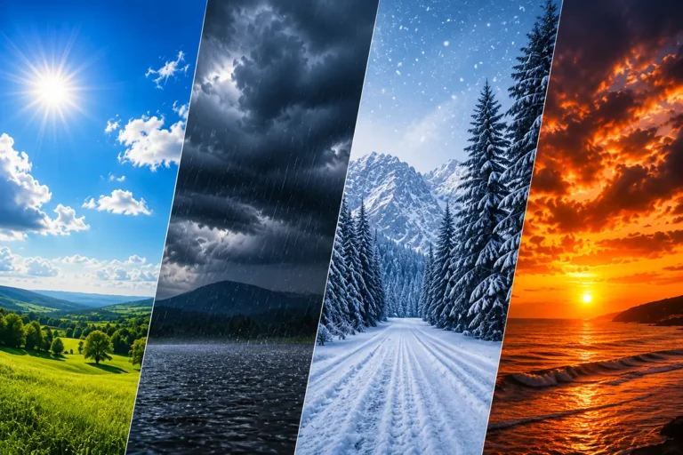 Weather in Mandarin showing sunny, rainy, snowy and sunset conditions in a four-panel landscape collage.