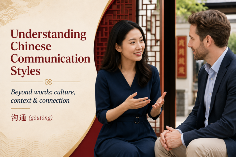 Chinese woman and European man discussing cultural differences in Chinese communication styles, illustrating culture, context and connection in Mandarin communication.