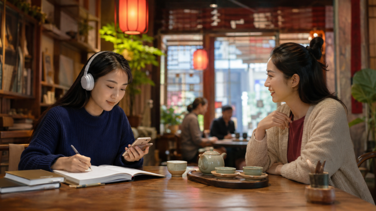 Two women practising real Mandarin conversation in a café