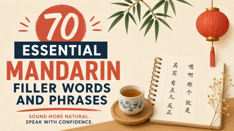 70 essential Mandarin filler words and phrases with a Chinese notebook, teacup, bamboo and red lantern.