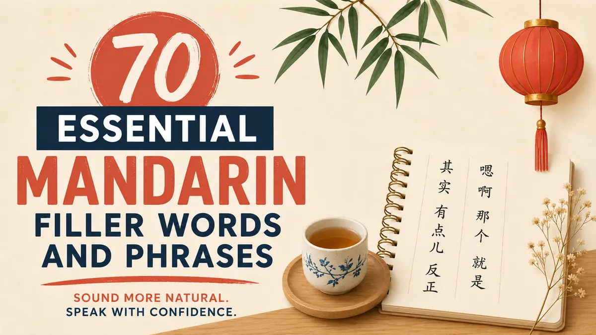 70 essential Mandarin filler words and phrases with a Chinese notebook, teacup, bamboo and red lantern.