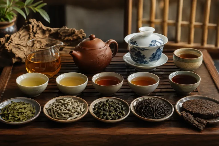 Traditional Chinese tea set with Yixing teapot, gaiwan, teacups, brewed teas and loose green, white, oolong, black and Pu-erh tea.