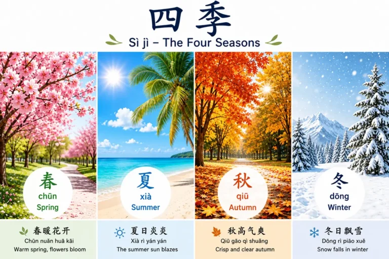 Four seasons in Mandarin showing spring, summer, autumn and winter with Chinese characters, pinyin and English translations.