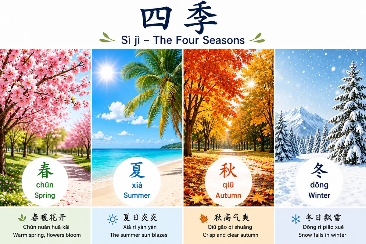 Four seasons in Mandarin showing spring, summer, autumn and winter with Chinese characters, pinyin and English translations.