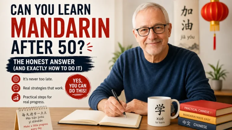 Older man studying Mandarin at a desk beside the headline “Can You Learn Mandarin After 50?”