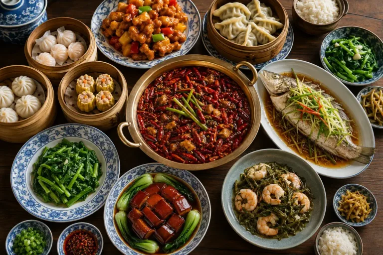 Traditional regional Chinese dishes including Sichuan food, Cantonese dim sum, dumplings, steamed fish and braised pork.