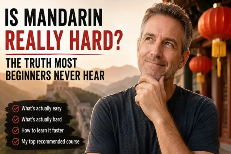 European man thinking beside the Great Wall of China and red lanterns for a guide asking, “Is Mandarin really hard?”