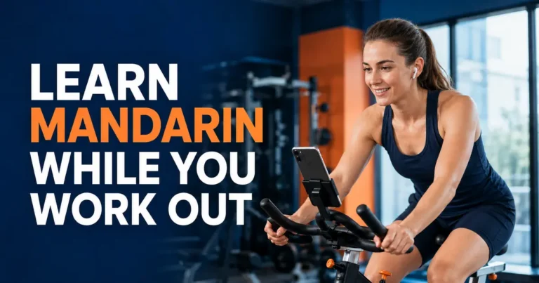 European woman learning Mandarin through headphones while exercising on a stationary bike.