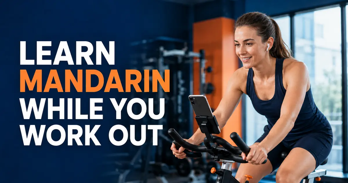 European woman learning Mandarin through headphones while exercising on a stationary bike.