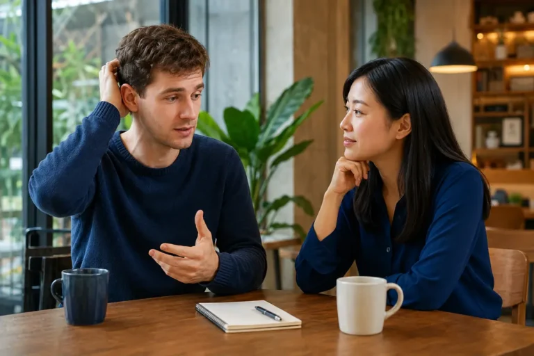 Young European man struggling to speak Mandarin during a friendly conversation with a Chinese woman.