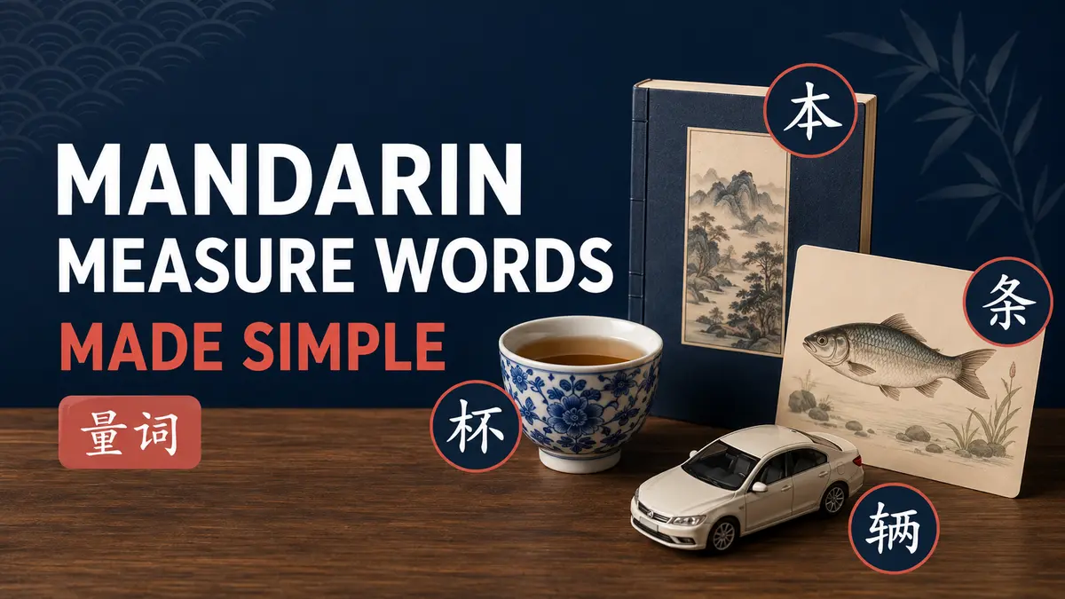 Mandarin measure words illustrated with a book, cup, fish and vehicle