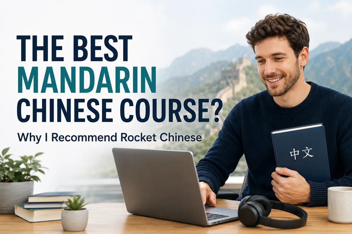 Young English-speaking man studying Mandarin online with Rocket Chinese, with the Great Wall of China in the background