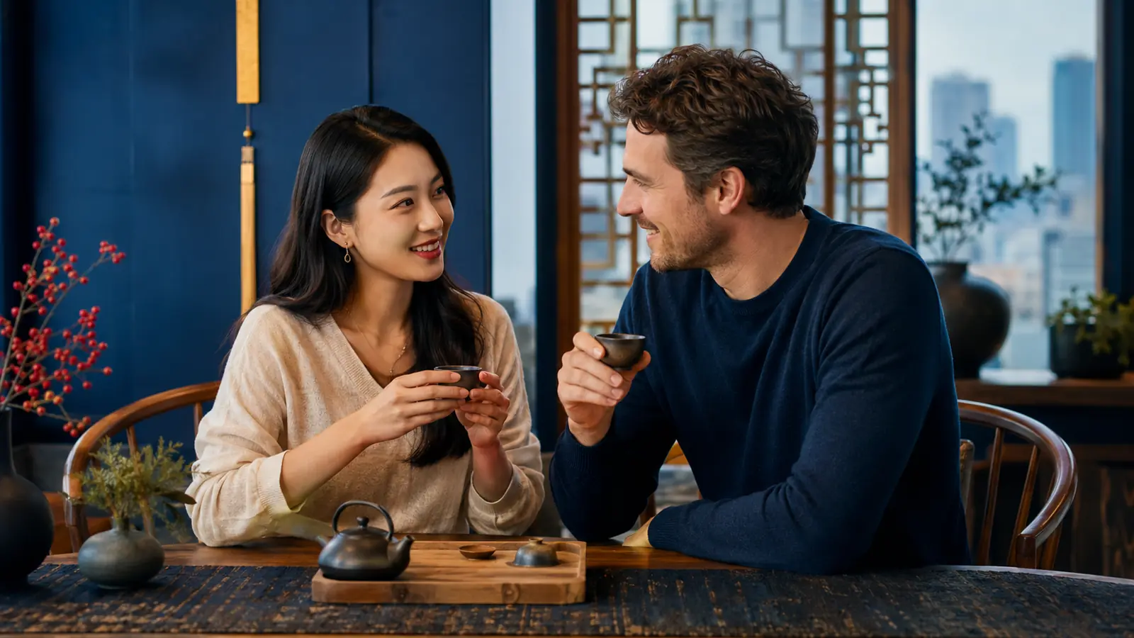 Chinese woman and Western man sharing tea and talking together