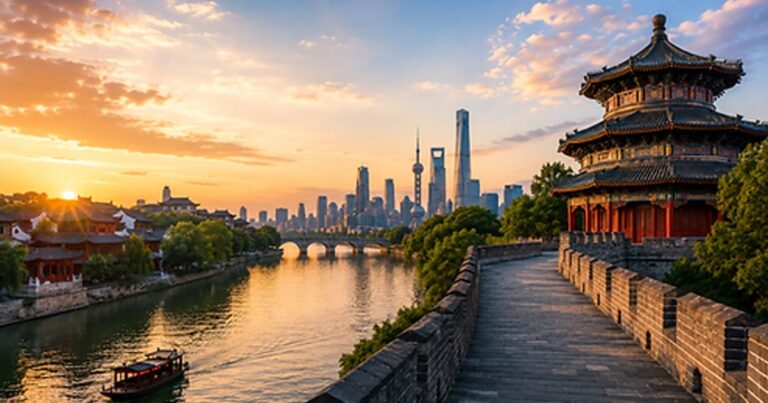 Traditional Chinese canal and pagoda at sunset with a boat and modern Shanghai skyline in the distance.